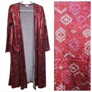 LuLaRoe SARAH Elegant Cardigan Red Foil Metallic Tribal Long Duster Cover Up New